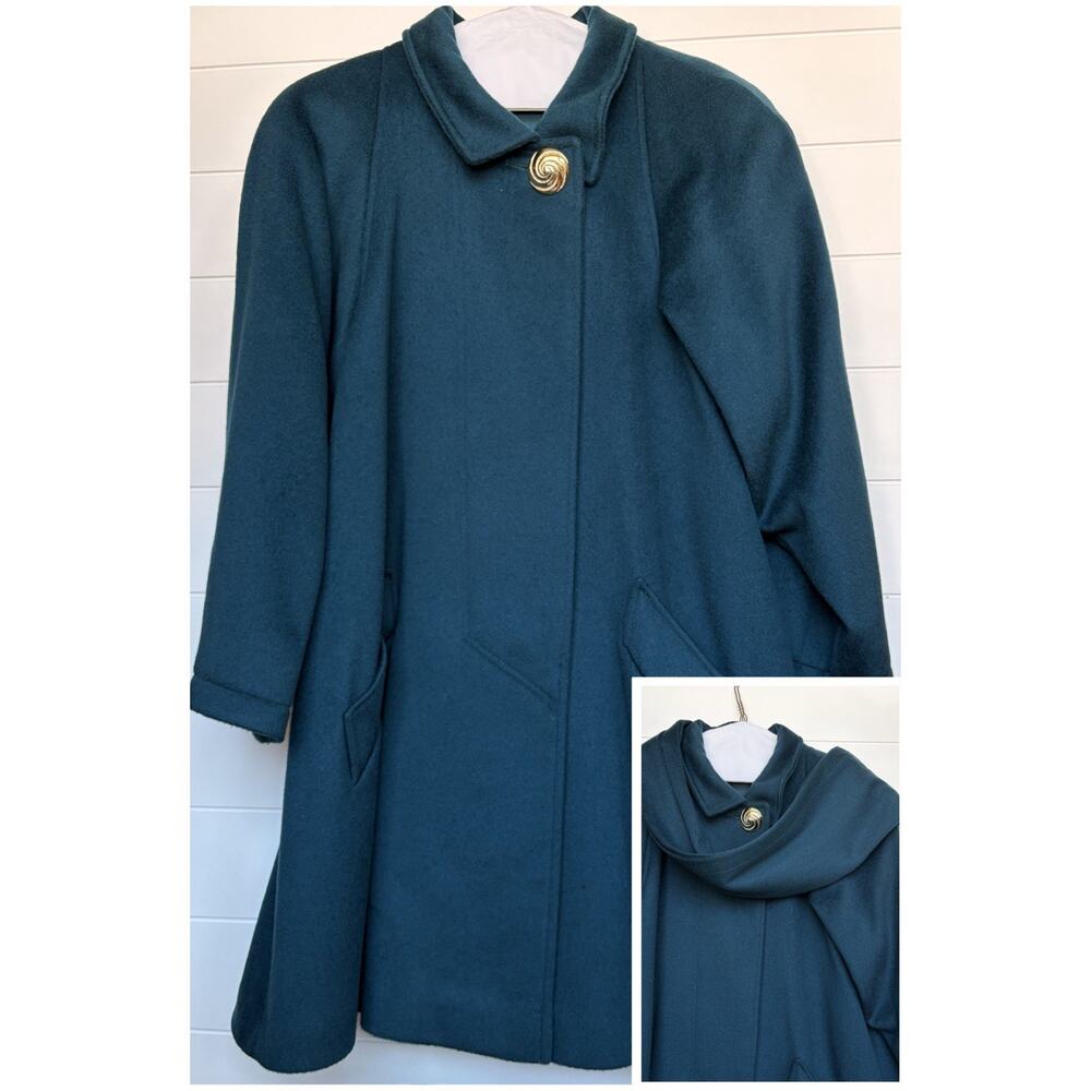 Vintage John Weitz Wool Overcoat Teal Gold Button Draped Scarf Collar Poland 12